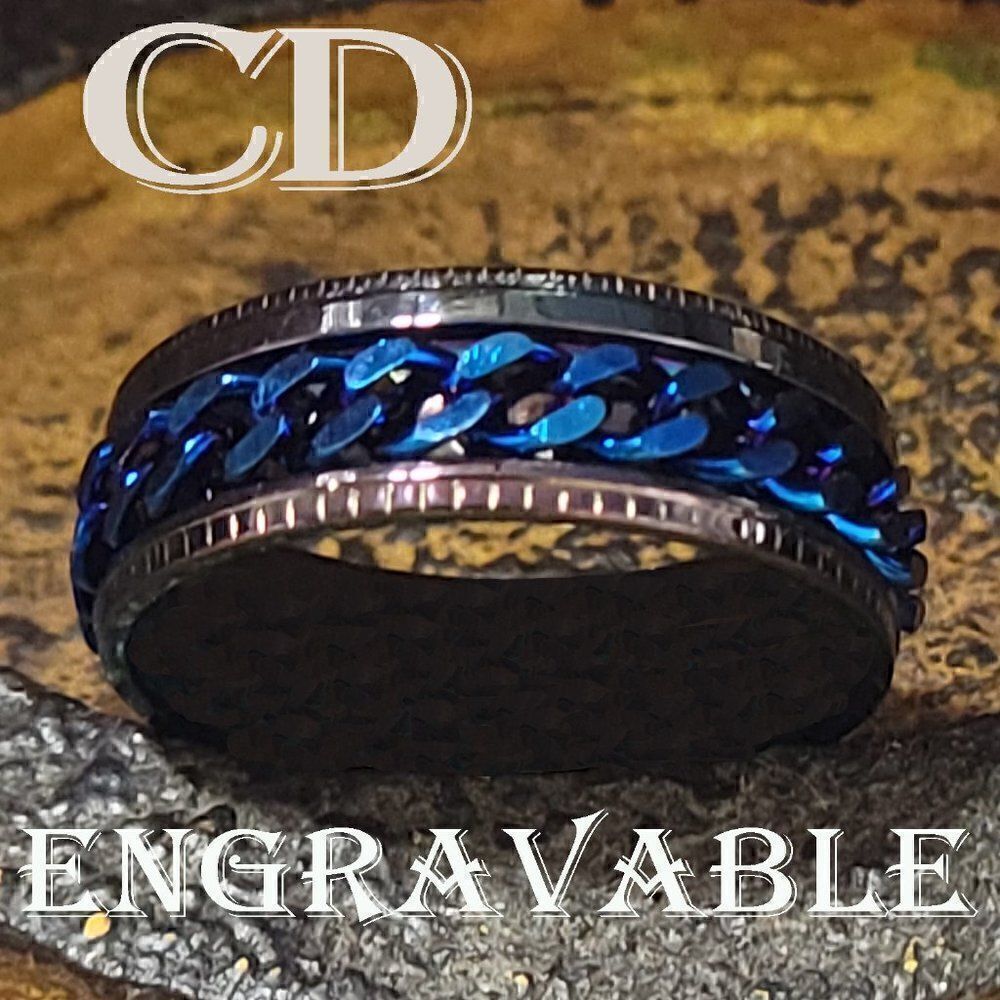 Men's Blue Chain Spinner Promise Ring - Guy's Fidget Ring - Anxiety Ring For Men